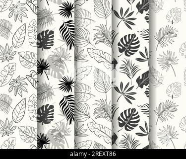 Collezione di motivi senza cuciture con foglie tropicali estive disegnate a mano Illustrazione Vettoriale