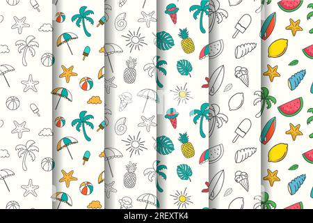 Collezione di motivi estivi disegnati a mano con elementi estivi Illustrazione Vettoriale
