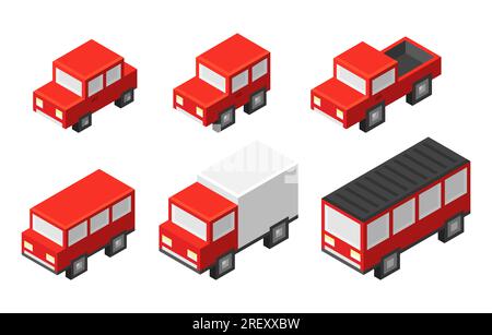 Set di simpatici veicoli 3d isometrici con cartoni animati, diversi tipi di trasporto e forma. Berlina, furgone, autobus. Design cubico semplice, illustrazione vettoriale. Illustrazione Vettoriale