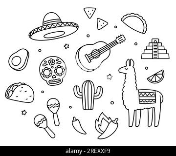 Set di doodle disegnati a mano in Messico. Simboli della cultura messicana in stile cartoni animati semplice e carino. Illustrazione grafica vettoriale. Illustrazione Vettoriale