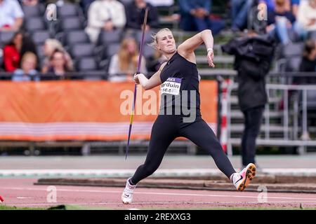 BREDA, PAESI BASSI - LUGLIO 30: Noah Verduin di AV Hera gareggia su donne - Javelin durante i Campionati nazionali olandesi di atletica leggera il 30 luglio 2023 a Breda, Paesi Bassi (foto di Andre Weening/Orange Pictures) Foto Stock