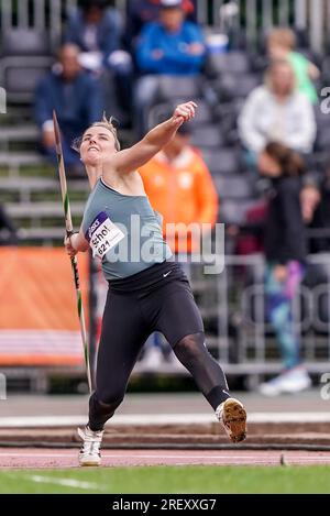 BREDA, PAESI BASSI - LUGLIO 30: Lisanne Schol di AV Lycurgus gareggia su donne - Javelin durante i Campionati nazionali olandesi di atletica leggera il 30 luglio 2023 a Breda, Paesi Bassi (foto di Andre Weening/Orange Pictures) Foto Stock