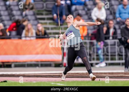 BREDA, PAESI BASSI - LUGLIO 30: Lisanne Schol di AV Lycurgus gareggia su donne - Javelin durante i Campionati nazionali olandesi di atletica leggera il 30 luglio 2023 a Breda, Paesi Bassi (foto di Andre Weening/Orange Pictures) Foto Stock