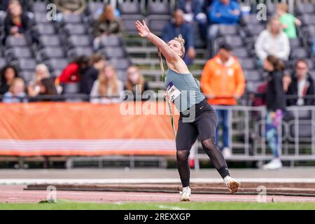 BREDA, PAESI BASSI - LUGLIO 30: Lisanne Schol di AV Lycurgus gareggia su donne - Javelin durante i Campionati nazionali olandesi di atletica leggera il 30 luglio 2023 a Breda, Paesi Bassi (foto di Andre Weening/Orange Pictures) Foto Stock