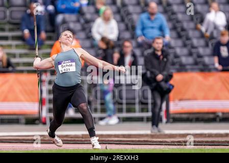 BREDA, PAESI BASSI - LUGLIO 30: Lisanne Schol di AV Lycurgus gareggia su donne - Javelin durante i Campionati nazionali olandesi di atletica leggera il 30 luglio 2023 a Breda, Paesi Bassi (foto di Andre Weening/Orange Pictures) Foto Stock