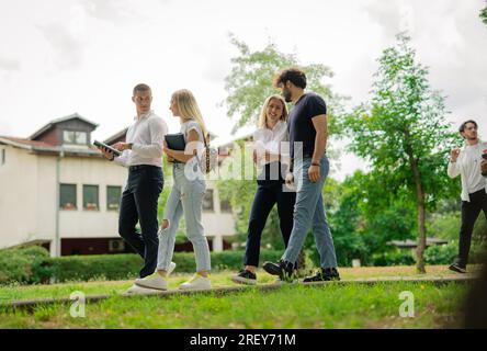 Gruppo di adolescenti delle superiori che stanno fuori, a parlare e ridere, a scuola, all'università, sei Foto Stock
