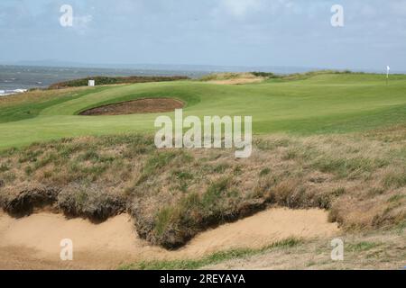 Golf The Seniors Open Royal Porthcawl GC Bridgend UK , Galles 2023, leggende del golf, in gioco con il vento e la pioggia, Links Golf alla sua crudeltà, Foto Stock