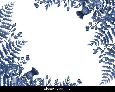 Blu monocromatico. Cornice illustrativa ad acquerello con felce, levi e bacche rosse isolate su sfondo bianco. Striscione con erbe. Clip art dipinta a mano Foto Stock