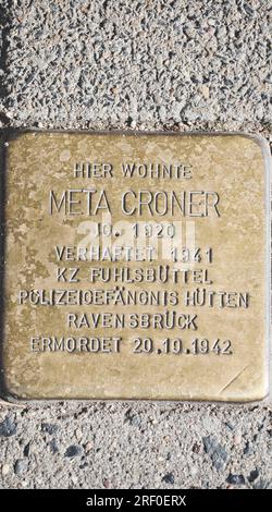 Amburgo, Germania. Targa di ottone (Stolperstein) a donna ebrea arrestata nel 1941, assassinata nel 1942 nel campo di concentramento di Ravensbruck nel nord della Germania Foto Stock