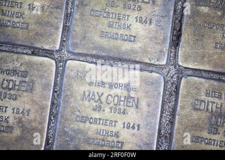 Amburgo, Germania. Targhe di ottone (Stolperstein) alla famiglia ebraica deportata a Minsk, assassinata nel ghetto di Amburgo, un ghetto speciale per gli ebrei provenienti da ovest Foto Stock