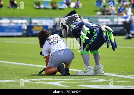 Renton, Washington, USA. 30 luglio 2023. La mascotte dei Seahawks Blitz aiuta la squadra mediatica durante il training camp dei Seattle Seahawks a Renton, Washington. Steve Faber/CSM/Alamy Live News Foto Stock