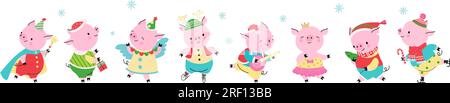Maiali per le feste di Natale, personaggi di maiali per le feste di Capodanno. Maialino per le feste invernali, animali vestiti da festa. Simpatici personaggi natalizi e vettoriali Illustrazione Vettoriale