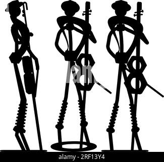 Uomo con Contrabass Statue Vector. Isolato su sfondo bianco. Un'illustrazione vettoriale di Una statua in metallo dell'uomo musicista con il contrabbasso. Illustrazione Vettoriale