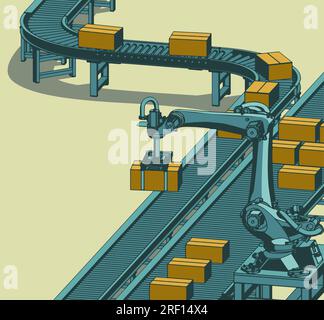 Illustrazione vettoriale stilizzata della linea di trasportatori robotici di fabbrica Illustrazione Vettoriale