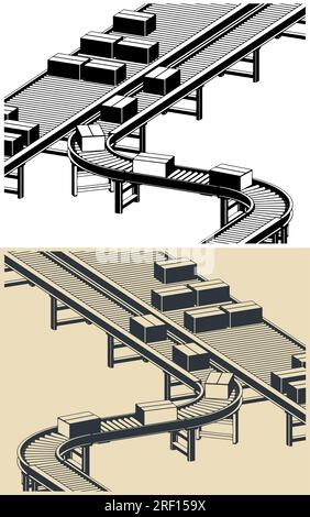 Illustrazioni vettoriali stilizzate di trasportatori automatizzati per magazzini e produzione Illustrazione Vettoriale