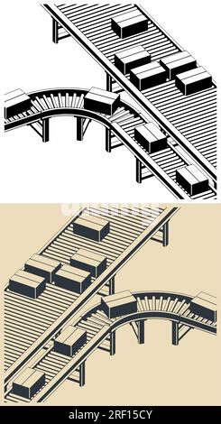 Illustrazioni vettoriali stilizzate di trasportatori automatizzati per magazzini e fabbriche Illustrazione Vettoriale