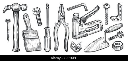 Raccolta di strumenti di lavoro. Set di materiali per riparazioni e costruzioni. Disegnare l'illustrazione vettoriale vintage Illustrazione Vettoriale