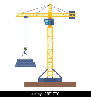 grande gru da cantiere gialla con carico. illustrazione del vettore piatto. Illustrazione Vettoriale