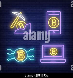 Set di insegne al neon per l'estrazione cripto Illustrazione Vettoriale