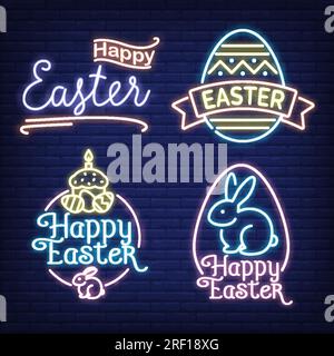 Set di insegne al neon di buona Pasqua Illustrazione Vettoriale