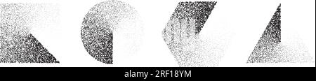 Set di forme sfumature stipplite. Collezione nera di quadrati, cerchi, esagonali e triangoli. Elementi di lavoro con grana granulosa e rumore testurizzato. Mezzitoni e ombre effetto grigio. Vettore Illustrazione Vettoriale