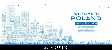 Delinea lo skyline della città di Polonia con gli edifici blu. Illustrazione vettoriale. Concetto con architettura moderna. Paesaggio urbano della Polonia con monumenti storici. Varsavia. Illustrazione Vettoriale