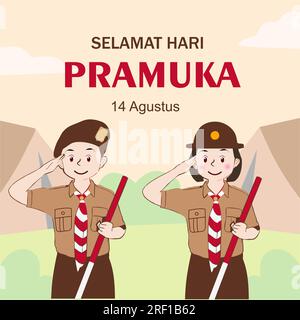 Happy Scout Day 14 agosto giornata del Festival Indonesiano. Selamat Hari Pramuka. Illustrazione vettoriale. Ragazzi e ragazze studenti festeggiano il giorno della pramuka. Illustrazione Vettoriale