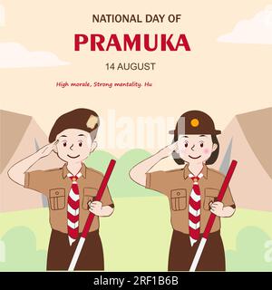 Happy Scout Day 14 agosto giornata del Festival Indonesiano. Selamat Hari Pramuka. Illustrazione vettoriale. Ragazzi e ragazze studenti festeggiano il giorno della pramuka. Illustrazione Vettoriale