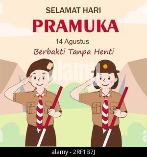 Happy Scout Day 14 agosto giornata del Festival Indonesiano. Selamat Hari Pramuka. Illustrazione vettoriale. Ragazzi e ragazze studenti festeggiano il giorno della pramuka. Illustrazione Vettoriale