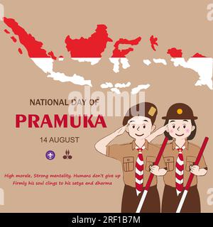 Happy Scout Day 14 agosto giornata del Festival Indonesiano. Selamat Hari Pramuka. Illustrazione vettoriale. Ragazzi e ragazze studenti festeggiano il giorno della pramuka. Illustrazione Vettoriale