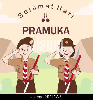 Happy Scout Day 14 agosto giornata del Festival Indonesiano. Selamat Hari Pramuka. Illustrazione vettoriale. Ragazzi e ragazze studenti festeggiano il giorno della pramuka. Illustrazione Vettoriale