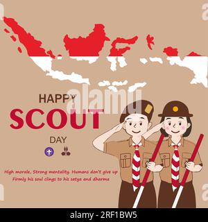 Happy Scout Day 14 agosto giornata del Festival Indonesiano. Selamat Hari Pramuka. Illustrazione vettoriale. Ragazzi e ragazze studenti festeggiano il giorno della pramuka. Illustrazione Vettoriale