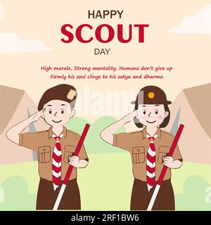 Happy Scout Day 14 agosto giornata del Festival Indonesiano. Selamat Hari Pramuka. Illustrazione vettoriale. Ragazzi e ragazze studenti festeggiano il giorno della pramuka. Illustrazione Vettoriale