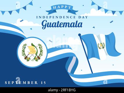 Illustrazione vettoriale del giorno dell'indipendenza del Guatemala il 15 settembre con lo sfondo della bandiera sventolante in modelli disegnati a mano del cartone animato piatto delle festività nazionali Illustrazione Vettoriale