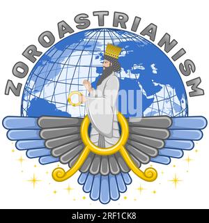 Zoroastrismo disegno vettoriale religioso, simbolo Faravahar con Ahura Mazda e pianeta Terra Illustrazione Vettoriale
