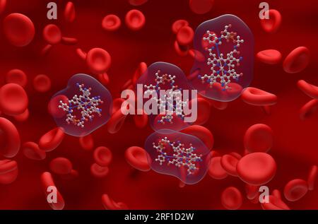 Struttura della vitamina B12 (cobalamina) nella sfera del flusso sanguigno e visualizzazione isometrica del bastone illustrazione 3d. Foto Stock