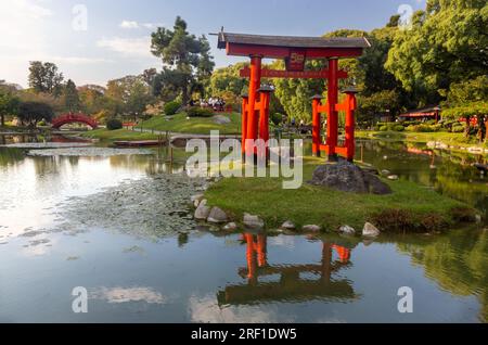 Famoso giardino giapponese a Buenos Aires, Argentina, con vista panoramica del cancello Rosso Torii, dettaglio riflesso nella calma acqua dello stagno di Koi Foto Stock