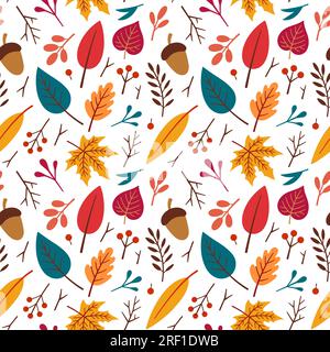 Motivo autunnale, tessuto, tessuto, texture. Illustrazione floreale vettoriale. Modello autunnale. Elementi autunnali: Ghianda, mela, foglie, bacche. Design piatto, stile doodle. Illustrazione Vettoriale