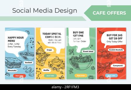 Cafe offre un set di storie sui social media, offerte speciali Illustrazione Vettoriale