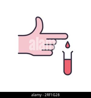 Icona del vettore correlato agli esami del sangue. Sangue che gocciola da un dito in un pallone per un test della malattia da coronavirus. Segno di donazione di sangue. Isolato su sfondo bianco Illustrazione Vettoriale