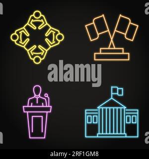 Set di icone della linea neon per conferenze internazionali. Riunione d'affari, negoziati diplomatici, politica e governo. Illustrazione vettoriale. Illustrazione Vettoriale