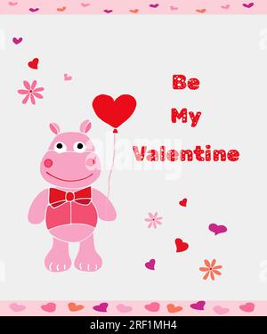 Carino biglietto d'auguri Hippo rosa Cartoon su sfondo grigio con il testo Be My Valentine Illustrazione Vettoriale