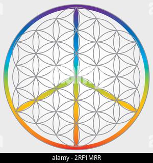 Simbolo fiore della vita nei colori grigi, ruota energetica dell'universo cosmico con simbolo pace e amore Illustrazione Vettoriale