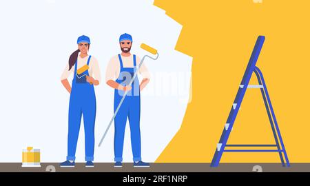 Pittori donna e uomo che dipingono casa muro con spazzola a rullo. Lavori di decorazione, servizio di ristrutturazione degli interni. Illustrazione vettoriale Illustrazione Vettoriale
