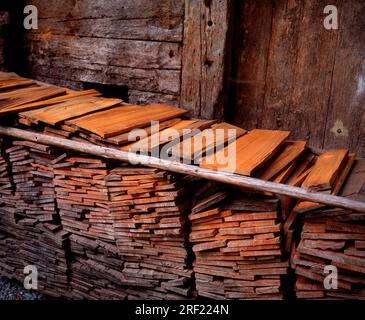 Tegole, tegole di legno, tegole di legno, Ballenberg, Oberland Bernese, Cantone Berna, Svizzera Foto Stock