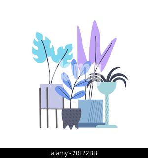 Composizione delle piante di casa disegnate a mano in colori vivaci e stile minimalista piatto su sfondo bianco Illustrazione Vettoriale