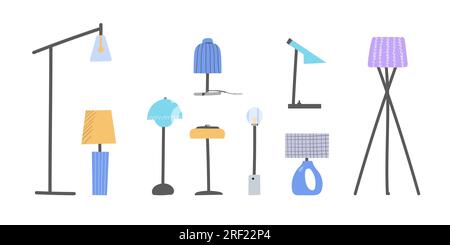 Set di lampade da terra e da tavolo in stile cartone animato piatto. Illustrazione Vettoriale