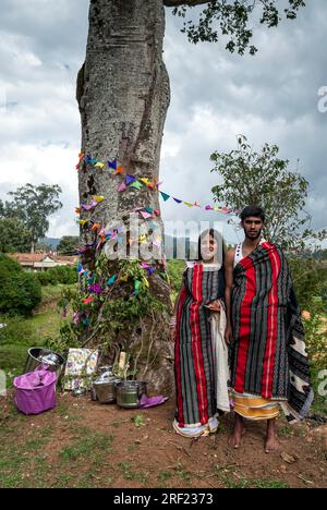 Toda Bride and Groom che si trovano sotto l'albero sacro dopo il loro matrimonio, Nilgiris, Ooty Udhagamandalam, Tamil Nadu, India meridionale, India, Asia. Uno di Foto Stock