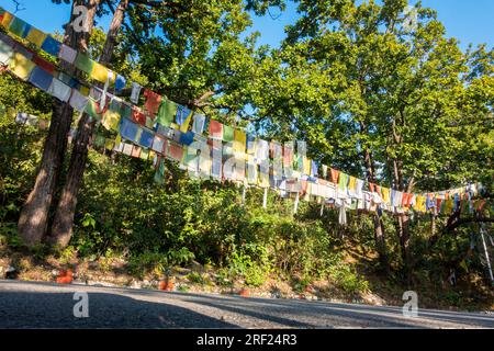 Data: 14 ottobre 2022. Dehradun, Uttarakhand, India. Le bandiere di preghiera tibetane adornano i sentieri e le vette dell'Himalaya. Benedizioni in tessuto colorato e rettangolare. Foto Stock