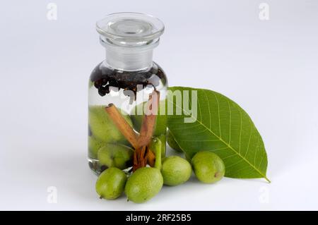 Amari a base di noci, cannella, chiodi di garofano, bacche di ginepro e brandy (Juglans regia) Foto Stock